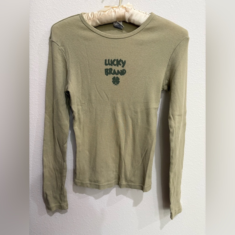 Lucky Brand Olive Long Sleeve Waffle Tee with Dark Green Logo